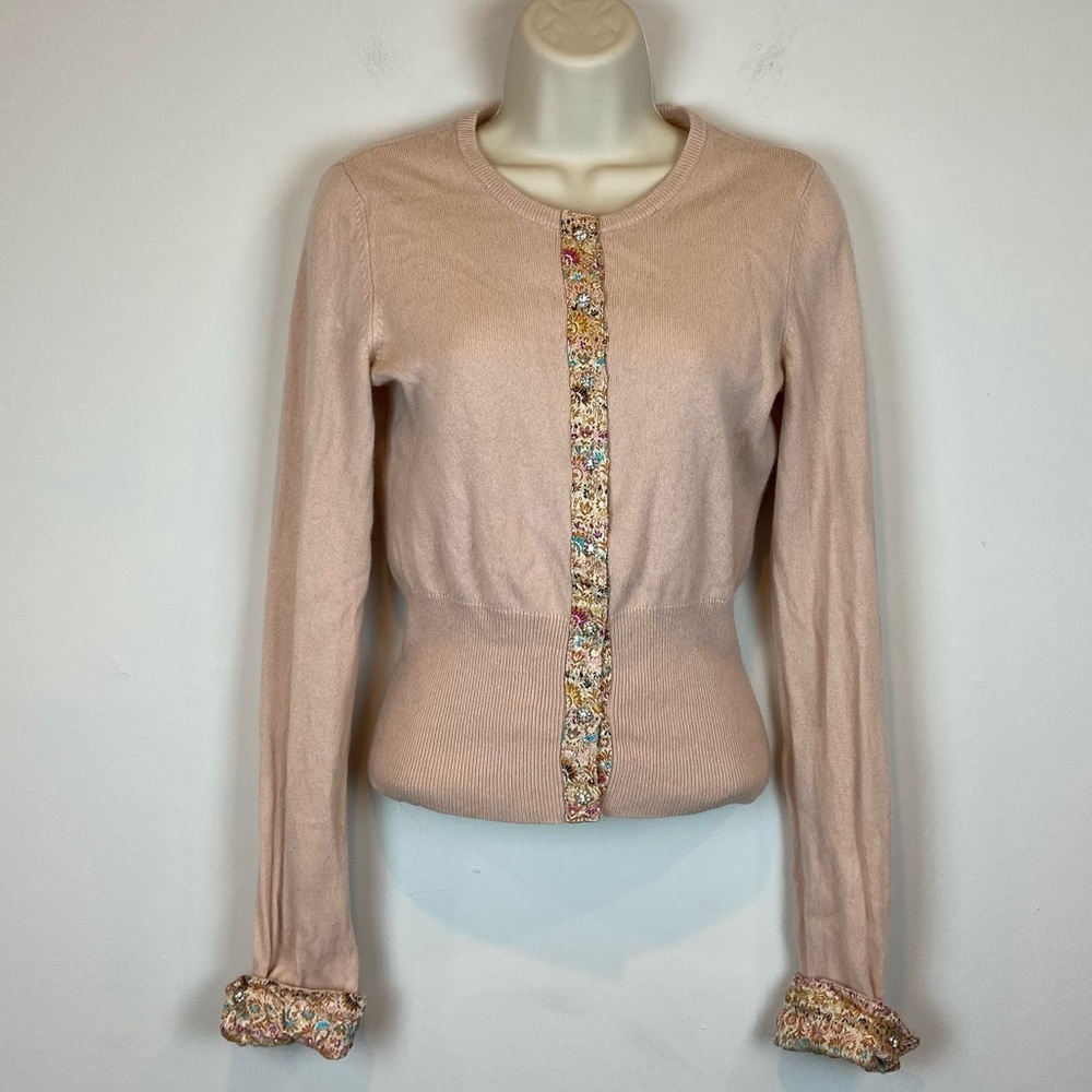 White + Warren 100% Cashmere Women’s Peach Button Embroidery Cardigan Size Med